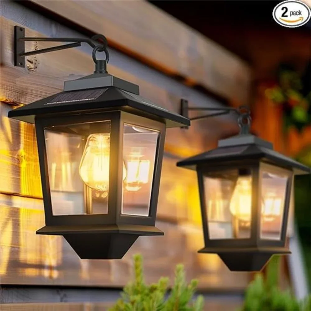 2 Pack Solar Wall Lanterns with Replaceable Bulb,Outdoor Hanging Lights